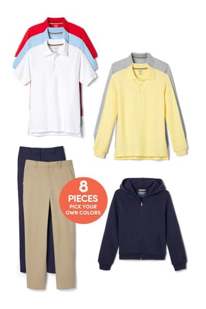 Boys 8-piece school uniform bundle with five polos, two pants and one hooded sweatshirt