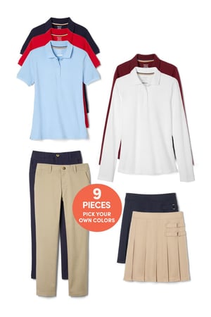 Girls 9-piece uniform bundle with five polos, two pants and two skorts